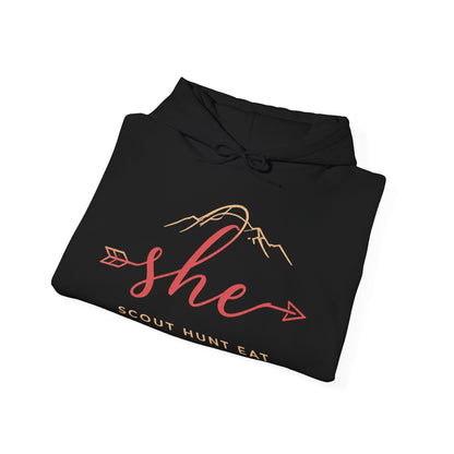 She Scout Hunt Eat Hoodie — Women’s Hunting Hoodie with Arrow & Mountain Design