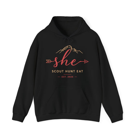 She Scout Hunt Eat Hoodie — Women’s Hunting Hoodie with Arrow & Mountain Design