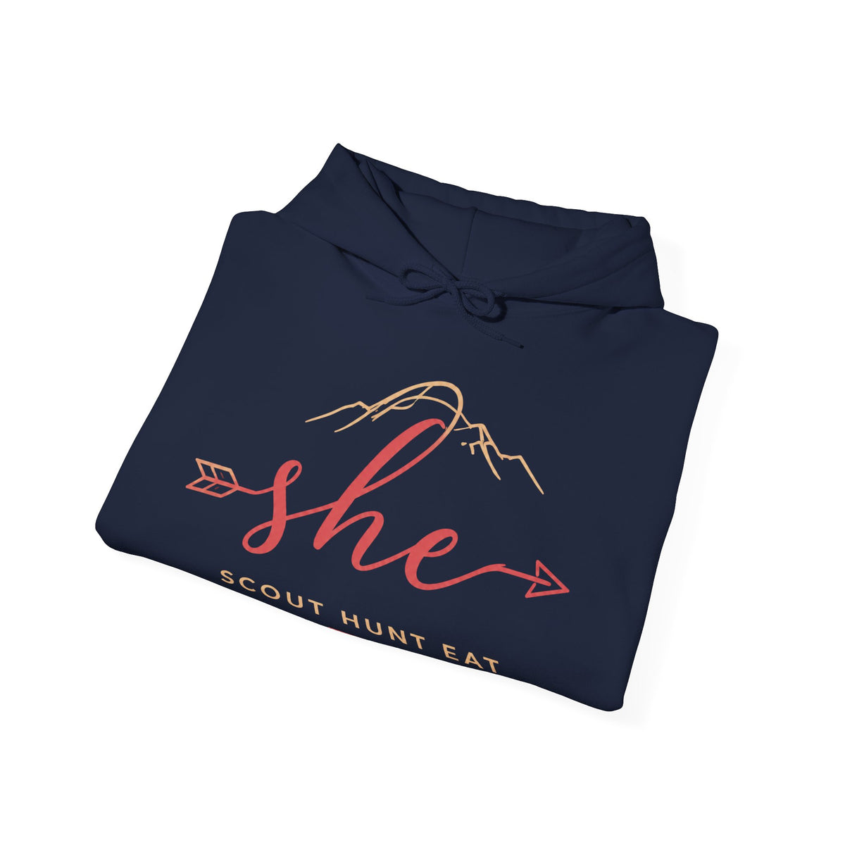She Scout Hunt Eat Hoodie — Women’s Hunting Hoodie with Arrow & Mountain Design