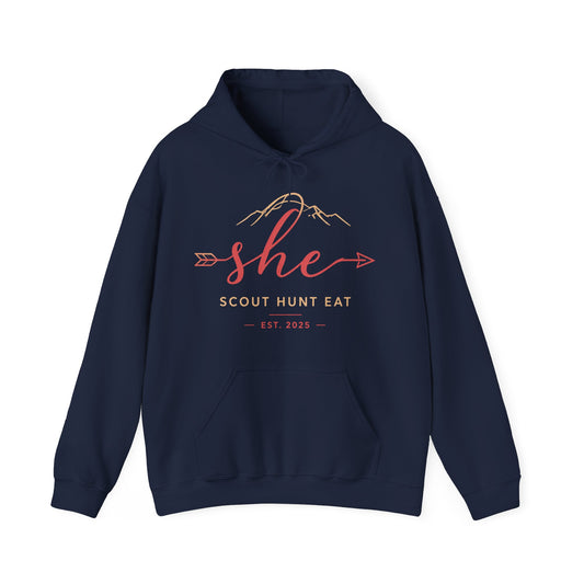 She Scout Hunt Eat Hoodie — Women’s Hunting Hoodie with Arrow & Mountain Design