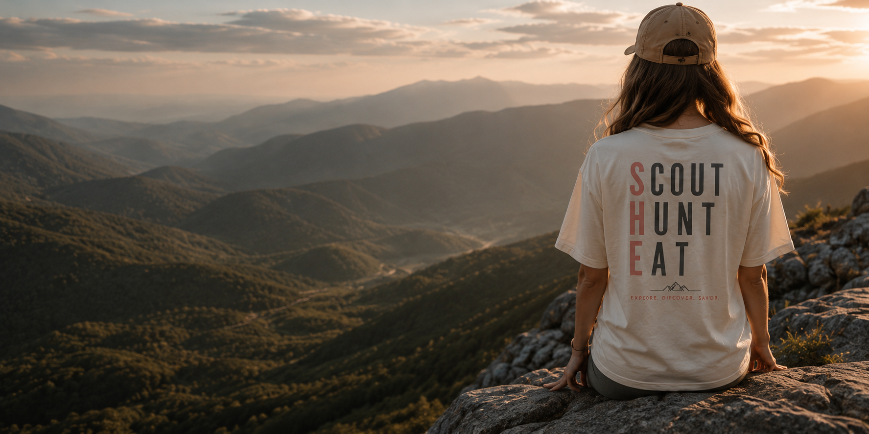 Woman wearing Scout Hunt Eat apparel in the mountains