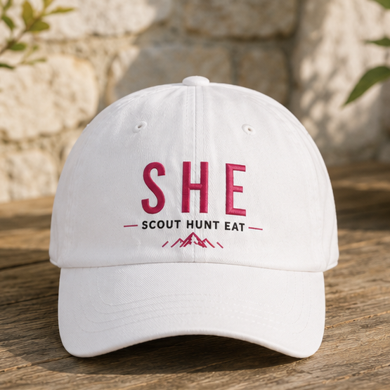 SHE Scout Hunt Eat Embroidered Dad Cap — Women's Outdoor Adventure Hat